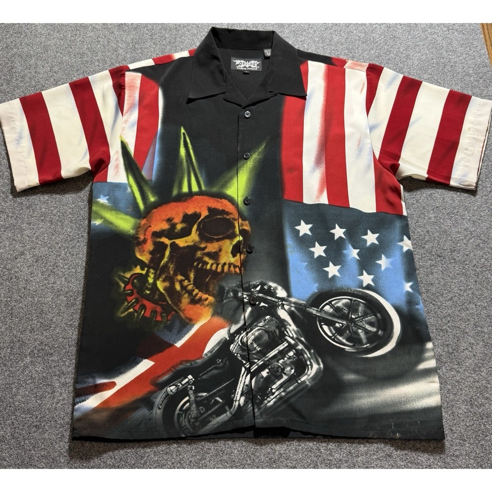 Dragonfly Shirt Mens Large Skull Motorcycle Biker‎ American Flag House of Blues